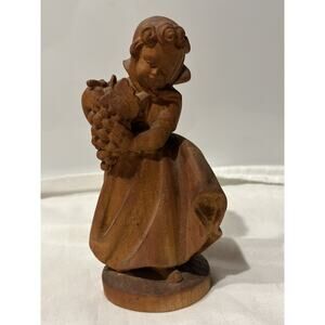 Vintage Hand Carved Wooden Girl Figurine Holding Grapes Unmarked.